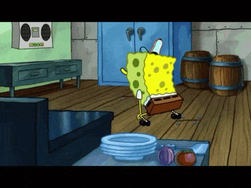 a cartoon of spongebob dancing in a room