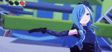 a girl with blue hair is standing in front of a traffic light in a video game .