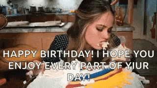 a woman is eating a birthday cake and says `` happy birthday ! i hope you enjoy every part of your day . ''