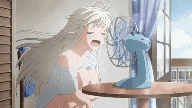 a girl with long white hair is sitting at a table with a fan on it