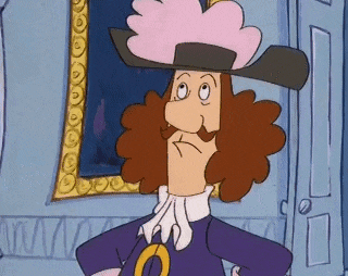 a cartoon character wearing a hat and a purple coat is standing in front of a picture frame .