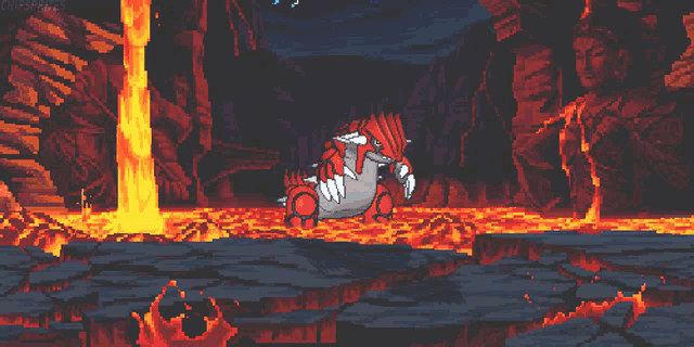 a pixel art of a pokemon in a lava filled cave