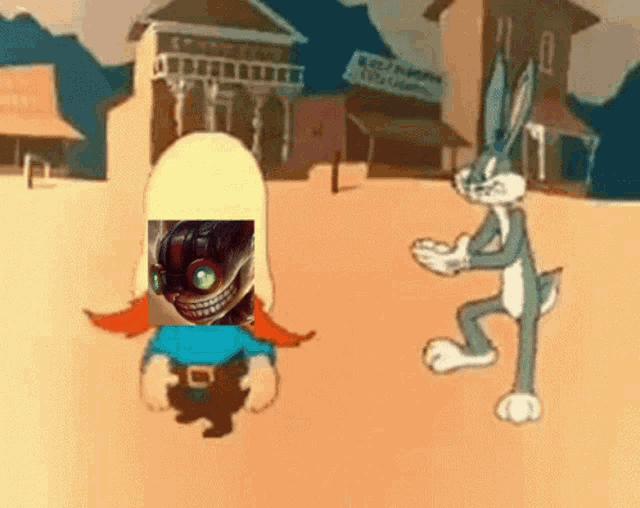 a cartoon of bugs bunny standing next to a man