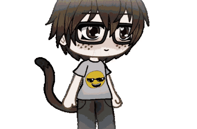 a boy with glasses and a cat tail is wearing a t-shirt with an emoji on it