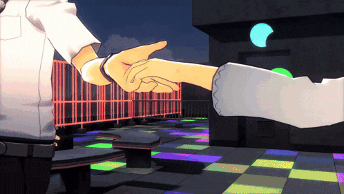 a man and a woman holding hands in a video game