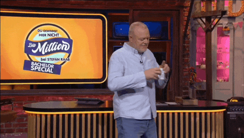 a man standing in front of a sign that says bachelor special