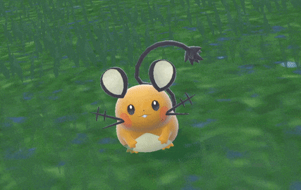 a cartoon mouse with a black tail is sitting in a grassy field