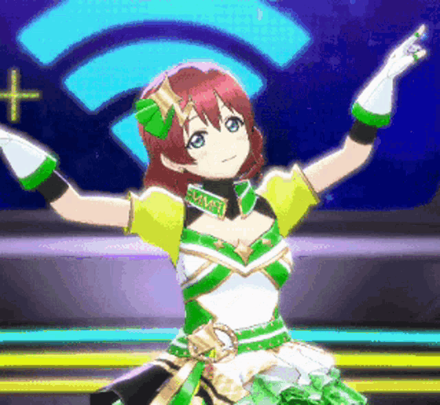 a girl with red hair is wearing a green and yellow outfit