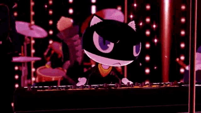 a cartoon cat is playing a drum set in a video game .