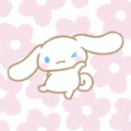 cinnamoroll is a white bunny with blue eyes on a pink and white background .