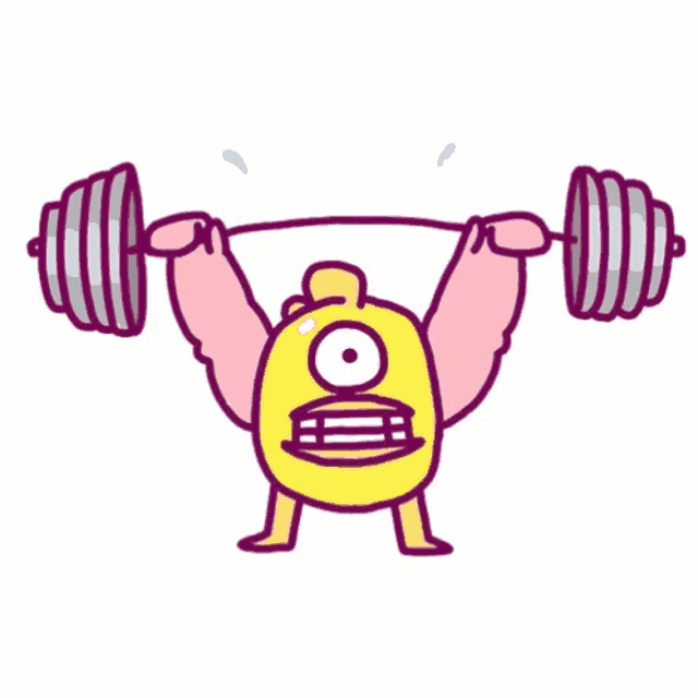 a cartoon character is lifting a barbell with his arms .