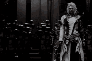 a man in a white coat is standing in front of a group of soldiers in armor .