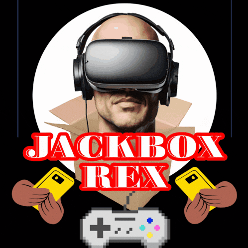 a man wearing a virtual reality headset with the words jackbox rex on the bottom
