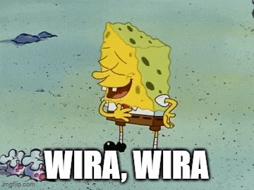 a cartoon of spongebob laughing with the words " wira wira " below him