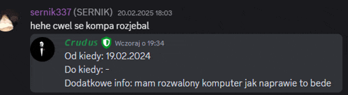 a screenshot of a discord conversation between sernik and crudus