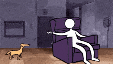 a cartoon of a man sitting in a purple chair with a dog standing next to him