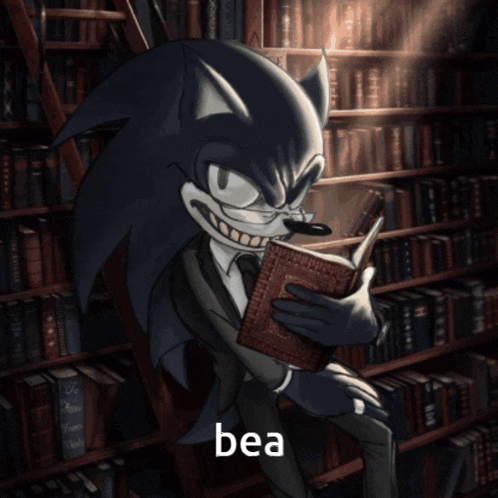 sonic the hedgehog is reading a book in a library and the word bea is on the bottom