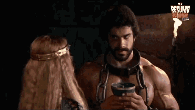 a man with a beard and horns is chained to a woman with a crown on her head