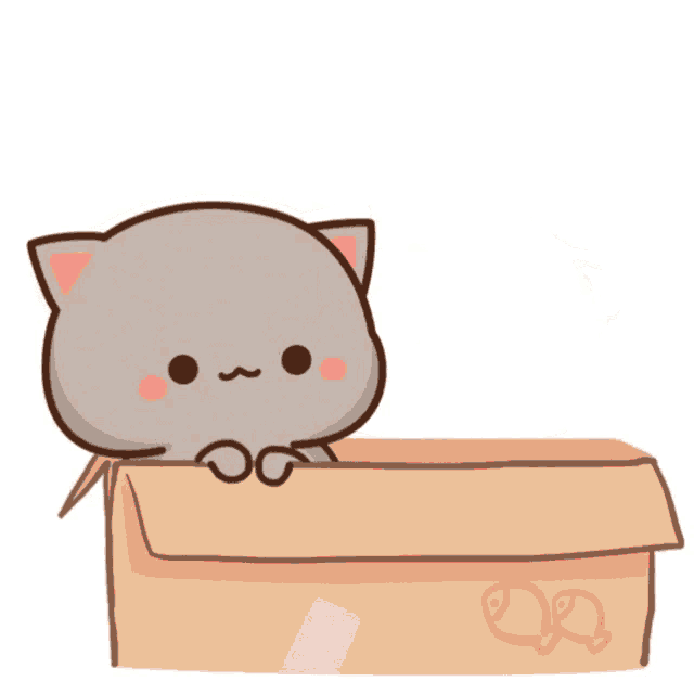 two cartoon cats are sitting in a cardboard box and one has a t on its face