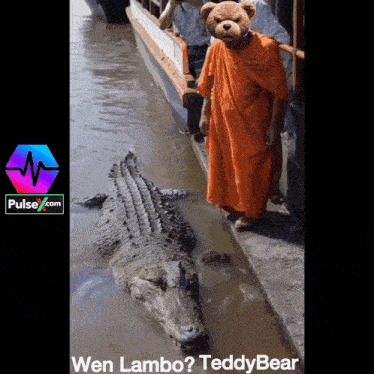 a man in an orange robe standing next to a large crocodile with the words wen lambo teddy bear on the bottom