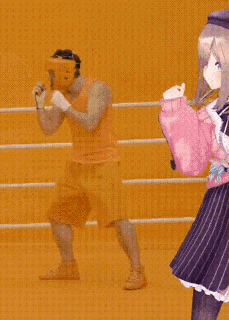 a man in a boxing ring with a girl in a pink dress