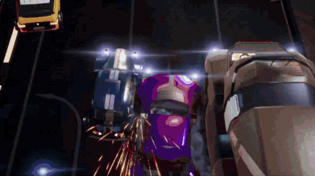 a purple car is being destroyed by a yellow car