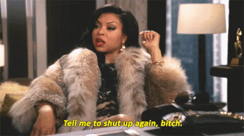 a woman in a fur coat says tell me to shut up again bitch .