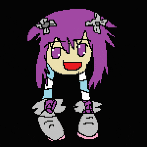 a pixel art of a person with green hair and a blue face