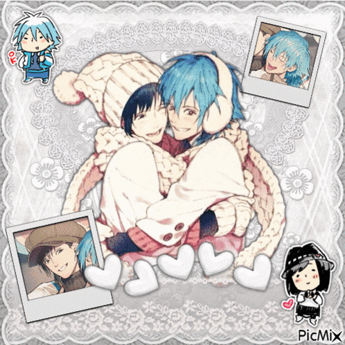 a picture of two anime characters surrounded by hearts and picmix written on the bottom
