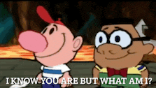two cartoon characters are standing next to each other with the words i know you are but what am i