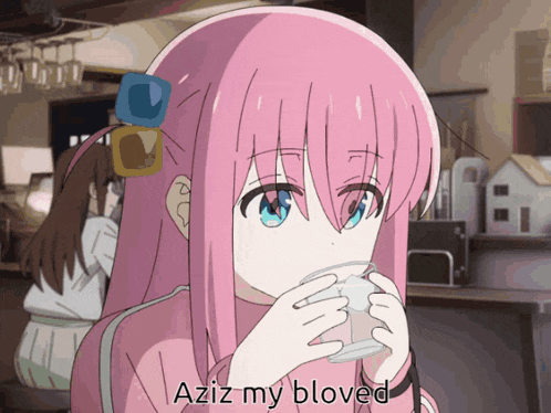 a pink haired anime girl drinking from a cup with the words aziz my bloved written below her