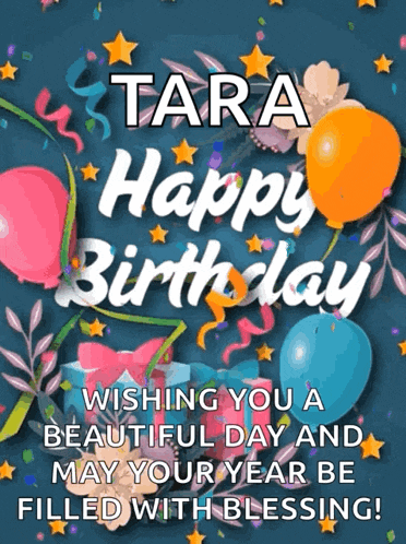 a birthday card for tara with balloons and confetti