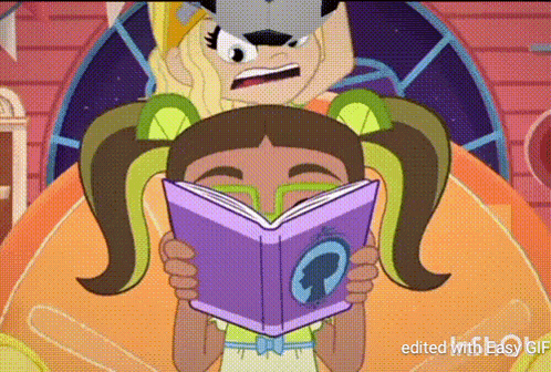 a girl is reading a book in a cartoon while a man looks on .