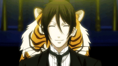 a man in a tuxedo with a tiger 's head behind him