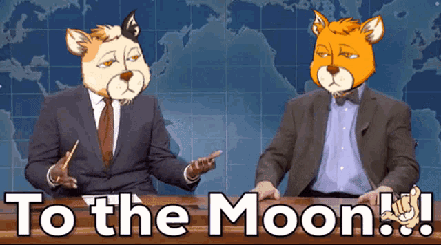 two men in suits and ties are sitting at a table with the words to the moon written on the bottom