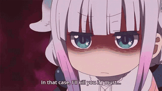 a girl with purple hair and blue eyes says in that case i 'll kill you i 'll must .
