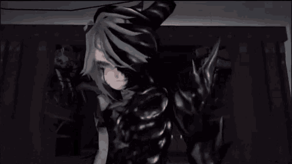a person in a black suit is standing in a dark room holding a gun
