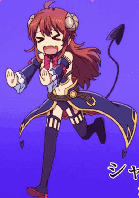 a cartoon girl with horns and a tail is running