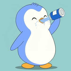 a blue and white penguin drinking from a can