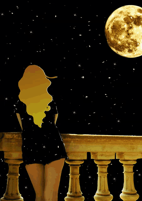 a woman is standing on a balcony looking at the moon