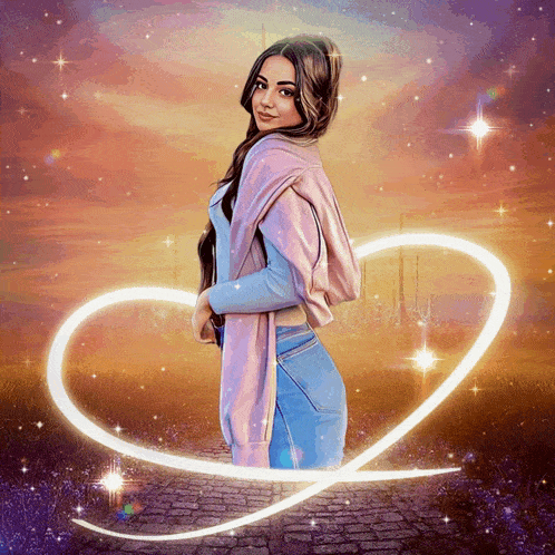 a woman in a pink jacket is surrounded by a glowing heart