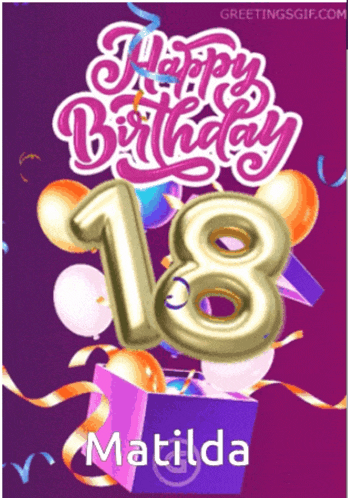 a happy 18th birthday card for matilda with balloons and presents