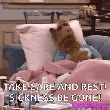 alf from the simpsons is laying on a couch with a blanket and a pillow on his head .