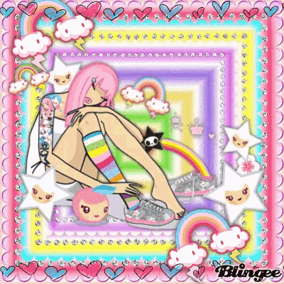 a picture of a girl with pink hair is surrounded by hearts and clouds