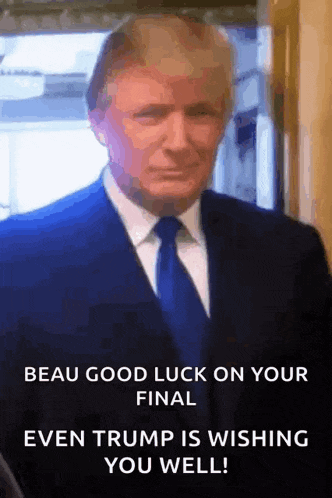 donald trump is wearing a suit and tie and wishing you well