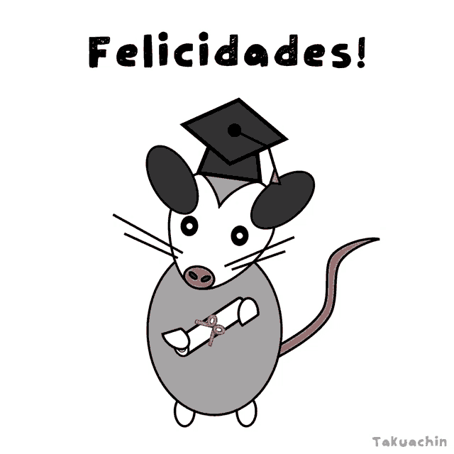 a cartoon of an opossum wearing a graduation cap and holding a diploma says felicidades