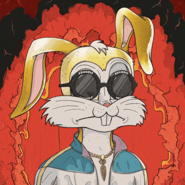 a drawing of a bunny wearing sunglasses and a necklace