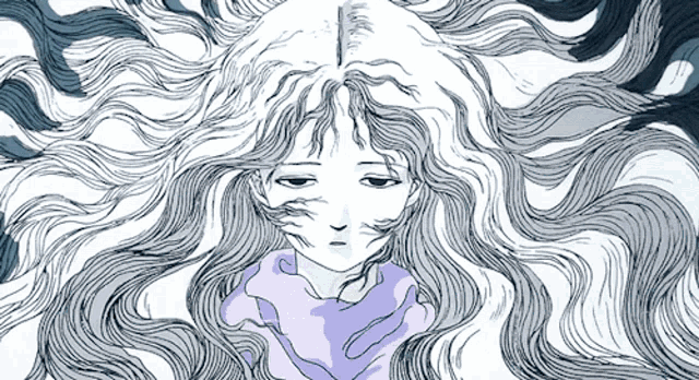 a drawing of a woman with long hair and a purple scarf