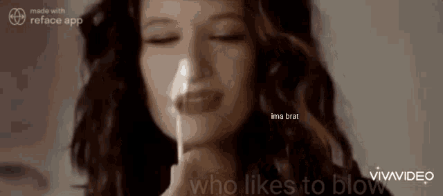 a woman blowing a cigarette with the words who likes to blow in the corner