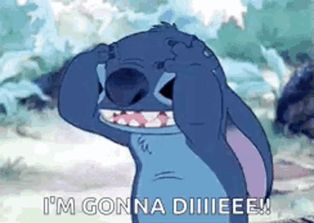 stitch from the movie lilo and stitch is covering his eyes with his hands .